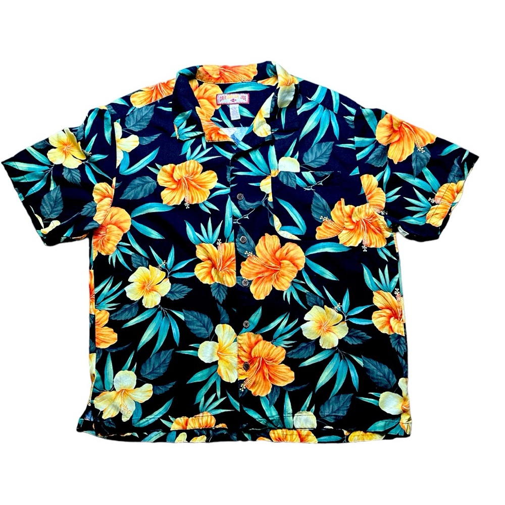 Caribbean Joe Button Down Shirt XXL Hawaiian Theme , Gumamela and Leaves Print.